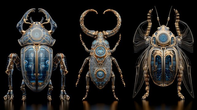 Futuristic Blue and Gold Robotic Insects &ndash; High Detail Sci Fi Beetles with Metal Armor, Glowing Tech Parts and Clean Black Background