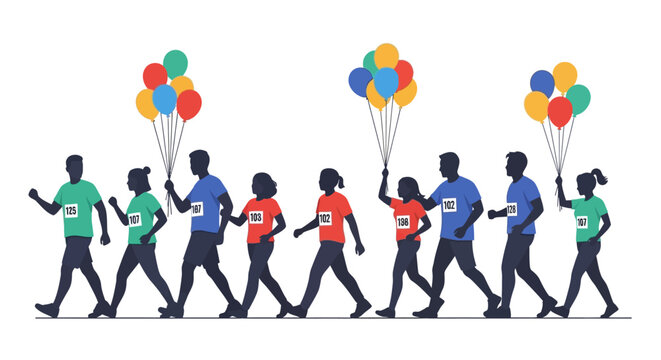 Diverse group of silhouettes participates in a vibrant charity walk or marathon event while carrying colorful celebratory balloons and wearing race bibs.
