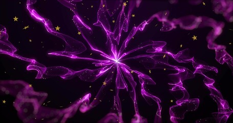 Naklejka premium Radiating sheer purple filaments spiraling from central bright point in cosmic void, gold stars