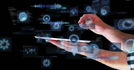 Naklejka premium Holding white tablet flat, hands in rolled checked shirt supporting and pinching hologram in studio