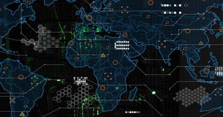 Naklejka premium Displaying neon world-map dashboard on control screen, showing hex-tiles, data-blocks, signals