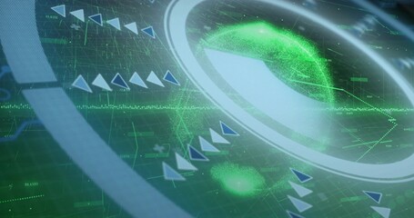 Displaying hologram green globe cluster rotating within circular HUD on dark grid, with chevrons