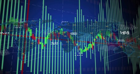 Displaying market chart over world map on dark-blue screen, showing green-red bars, candles