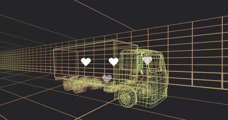 Fototapeta premium Glowing wireframe box truck hovering inside virtual 3D viewport, showing grid floor, three hearts