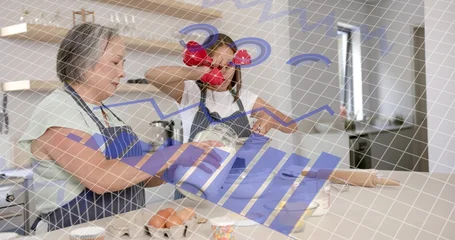 Fotobehang Koken Pouring, mother and daughter in aprons preparing batter in kitchen with bowl, jug and grid overlay  © vectorfusionart