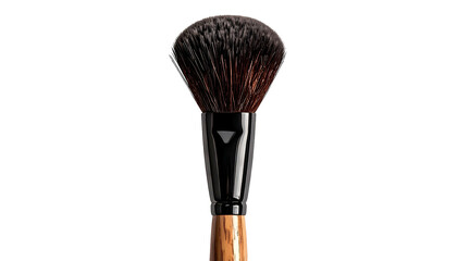 Fototapeta premium Close-up of a makeup brush with dark bristles, a black ferrule, and a wooden handle