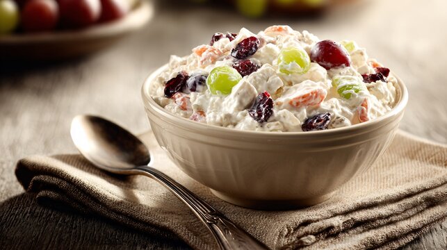 Ambrosia salad arranged with spoon and napkin, lifestyle dining context