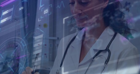 Writing doctor lab coat stethoscope, pen on clipboard at hospital, holographic monitors, copy space