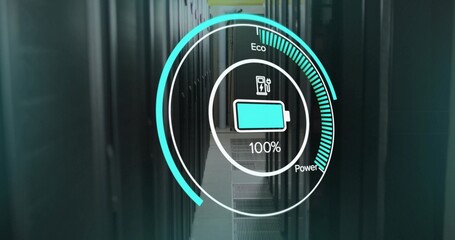 Displaying HUD overlay between server racks in data center corridor, showing cyan battery 100%