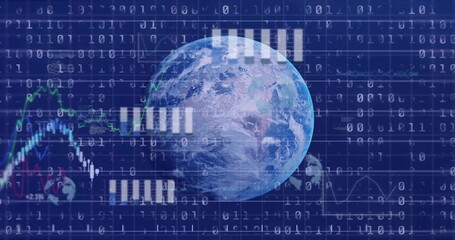 Fototapeta premium Rotating Earth globe showing binary, line charts, candlesticks, numeric labels on data dashboard