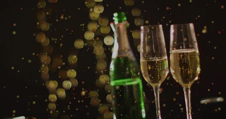 Fotobehang Buffet Displaying two tall champagne flutes filled with bubbles on bar, with green bottle with foil neck  © vectorfusionart