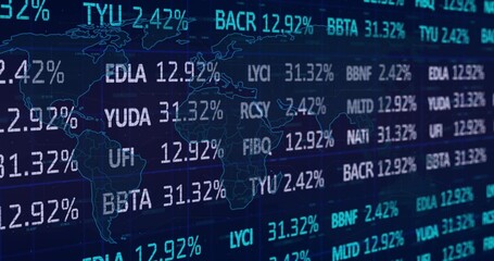 Naklejka premium Displaying market screen on trading wall, scrolling tickers, symbols and percentages over world map