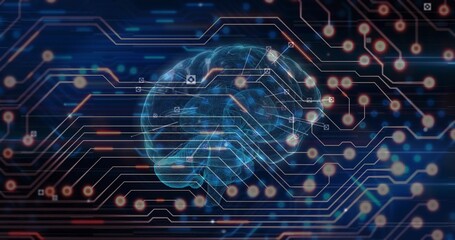 Floating wireframe brain pulsing in navy grid showing circuit traces, glowing nodes, sensor icons