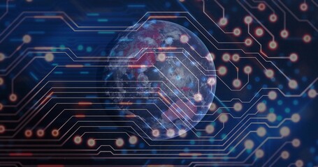 Fototapeta premium Rotating stylized planet Earth showing glowing circuit lines in virtual network field, with nodes