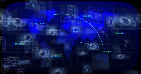 Obraz premium Displaying translucent map and HUD panels in control room with trajectory arcs and green readouts