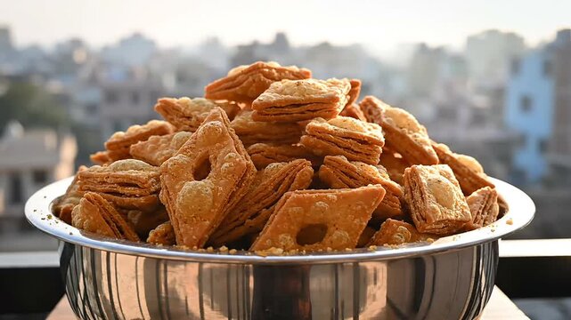Indian festival snack food. traditional holi celebration meal. namak pare savory treats. deep fried crispy pastry. authentic subcontinent cuisine.