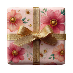 Overhead of a pastel pink floral gift box, adorned with a shimmering gold ribbon and bow
