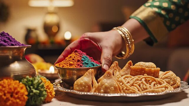 Hand arranging festival offering. colorful powder indian celebration. traditional holi food setup. vibrant snacks festive ritual. delicious sweets cultural holiday.