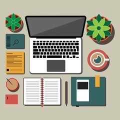 Flat lay illustration of modern workspace with laptop