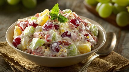 Ambrosia salad photographed from eye-level, inviting serving perspective