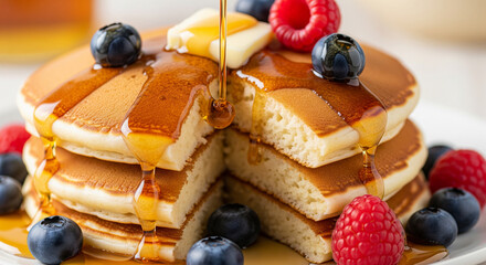Canadian Pancakes with Maple Syrup Macro Food Photography