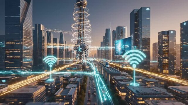 Futuristic Smart City with High-Tech Transportation and Communication Systems in a Metropolis