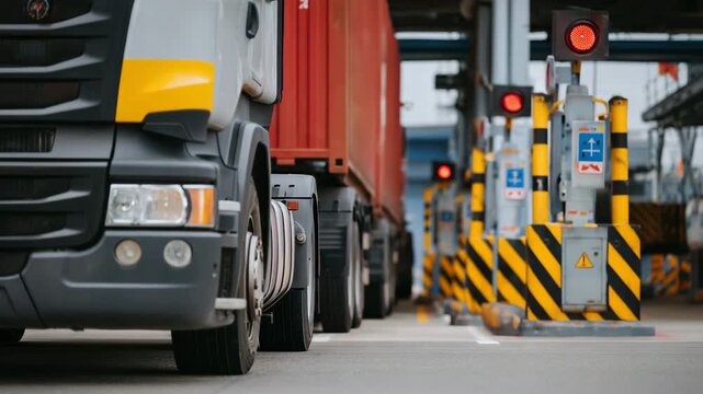 23Close-up view of heavy trucks waiting motionless at customs control, surface details like chipped paint and rubber seals visible, warning lights blinking, concrete barriers and cus