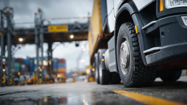 29Close-up view of truck wheels and lower chassis in a customs queue, thick tire treads coated with grime, reflective puddles on the road surface, steel guardrails and checkpoint lan