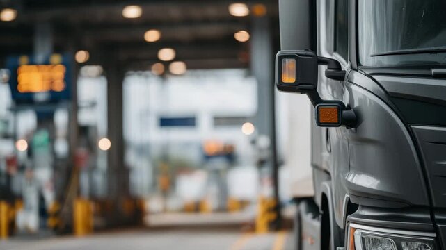 35Close-up of side panels and mirrors of trucks waiting at customs, scratches and rivets clearly visible, amber clearance lights glowing, scanning equipment and customs signage blurr