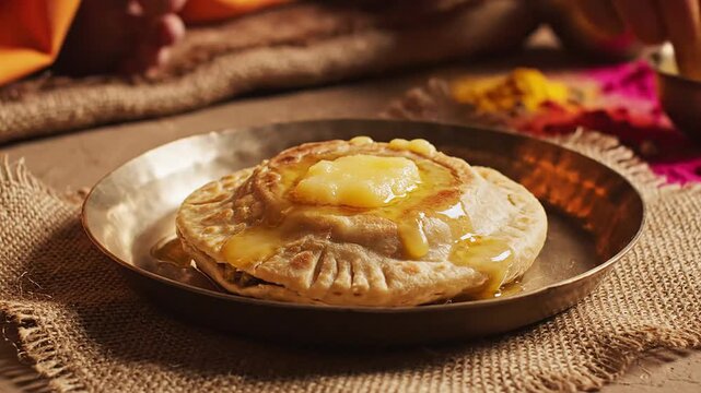 Traditional indian food. ghee dripping paratha. holi festival cuisine. traditional indian dessert. hindu religious offering.