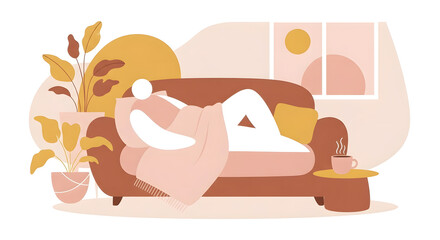 A funny cartoon illustration of a cat and dog sleeping with a child on a bedroom sofa pillow while a cat and mouse vector art piece hangs above the bed