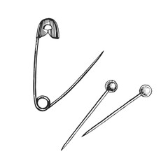 Safety pin and sewing heads sketch vector. Hand-drawn tailor fasteners in vintage ink style.