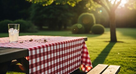 Outdoor picnic scene with tablecloth and glass on a wooden table in a serene garden at sunrise