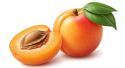 Fresh apricots with leaves and one cut open revealing pit on a plain surface from a close-up view