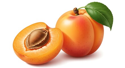 Fresh apricots with leaves and pit showcased on a white background from a close-up viewpoint