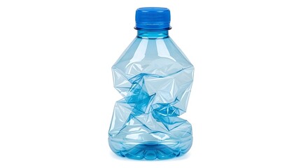Crumpled blue plastic water bottle with a blue cap on a white background blue plastic bottle crushed