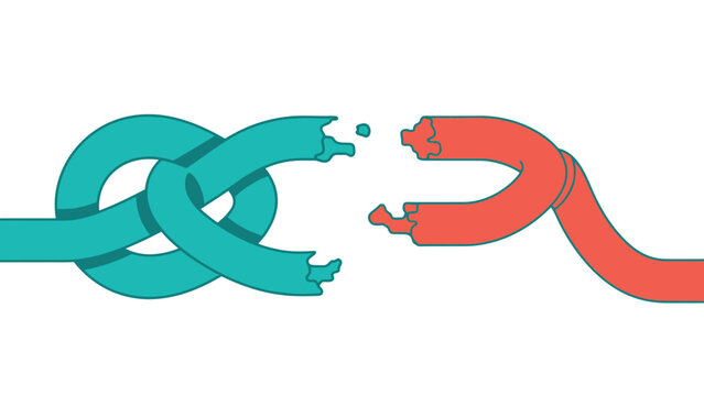 Complex Knot and Broken Ribbon Connection. Disconnection, Problem Solving, and Unresolved Conflict Concept Illustration.