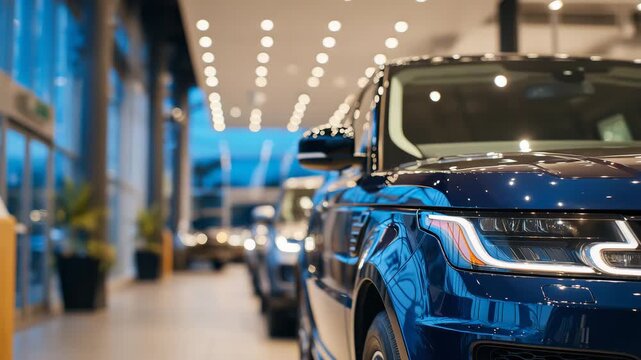 61Upscale car dealership interior with luxury SUVs in a curated showcase, close-up perspective along the side panels and mirrors, glossy surfaces reflecting architectural lines, subt