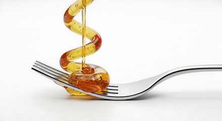 A silver fork holding a swirling DNA helix made of honey dripping down its tines in a close-up view