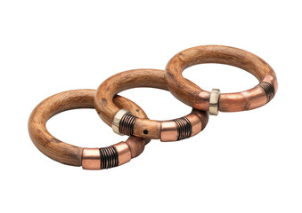 Three wooden bracelets interlinked with copper and silver bands