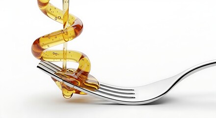 Golden liquid pouring from a spiral stream onto a silver fork, capturing a moment of elegance and sophistication in a studio setting