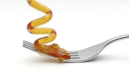 Golden honey dripping from a spiral-shaped pasta onto a silver fork, viewed from a slightly elevated perspective.