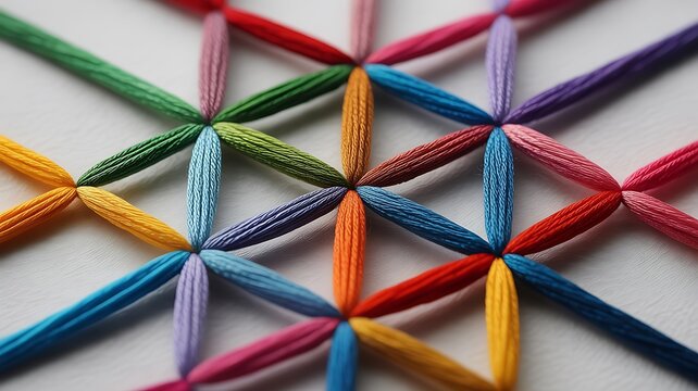 Colorful Threads Intersecting in a Geometric Pattern, Close Up