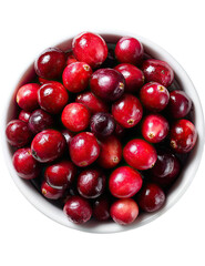 Fresh, round, deep red cranberries fill a white bowl, shot from directly above