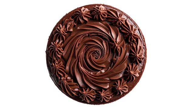 Aerial view of a round, frosted cake with chocolate swirls and piped rosettes on a black background