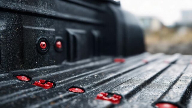 69Close-up composition of a pickup truck bed liner interior, rugged black textured material with subtle wear patterns, red tie-down anchor points aligned symmetrically, shallow depth