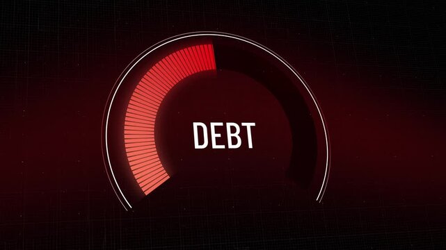 Increasing digital debt meter, indicator sweeping to dangerous red zone, warning signal for financial burden, liability metrics presentation on dark background, escalating economic crisis, copy space