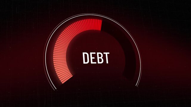 Digital infographic display of public debt meter, gauge indicator reading from high maximum level red zone down to low minimum level, national liability reduction, financial recovery, Copy space