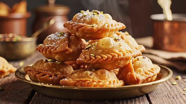 Gujiya traditional indian sweet. holi festival food dessert. indian sweet dumpling pastry. deep fried festive snack. delicious cultural cuisine.