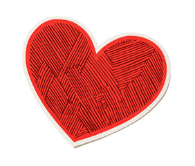 Red heart shape with sketch-like black lines and tan outline on black background